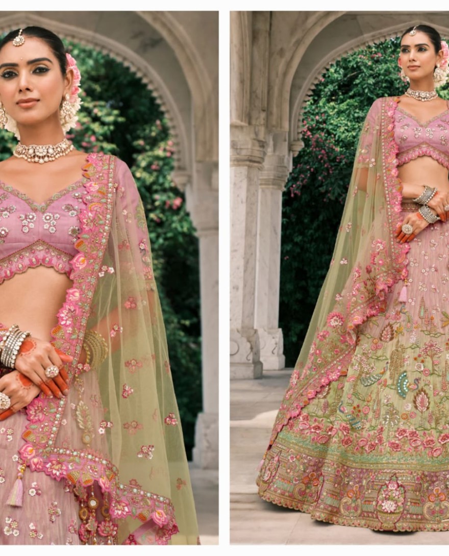 Green - Pistachio Green Fancy Silk Lehenga Choli With Cut Work Embroidery Border & Stone Work